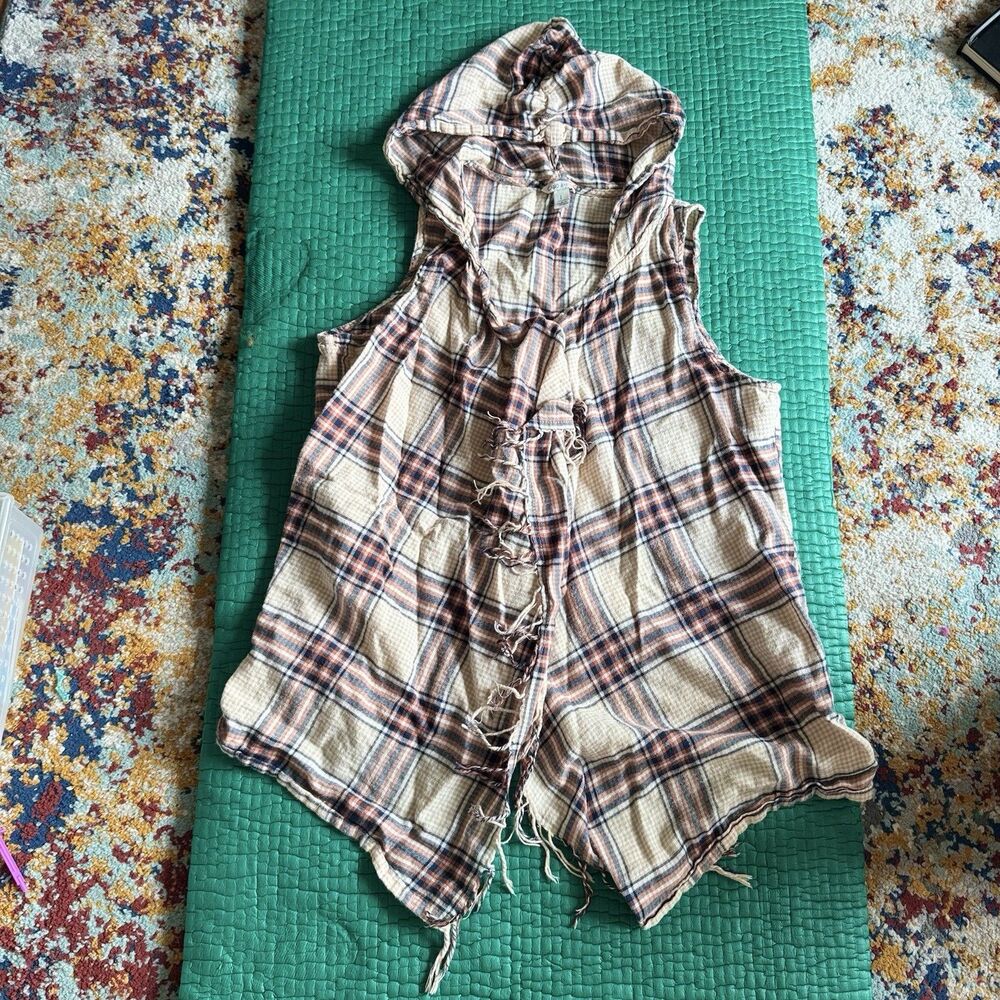 Cato EST 1946 Vest XL Beige Orange Plaid Hooded Fleece Fringe Waterfall Cardigan